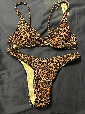 Leopard Print Push-Up Bra & Bikini Set - Brown